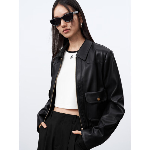 PEACEBIRD Women's Short Jacket PU Leather Jacket Women's Autumn Fashion High-end Lapel Wilderness Maillard Black 2 M