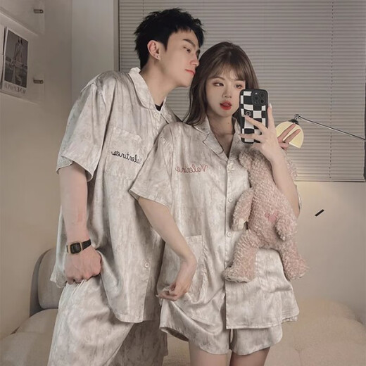 Clolv kissCK summer light luxury couple pajamas ice silk one male and one female student dormitory home clothes suit short-sleeved shorts CX418# gray letters high quality female M + male L 2 sets in total