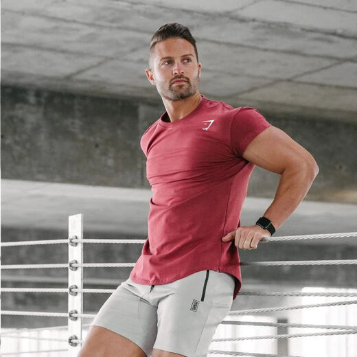 FCFV muscle lifting bodybuilding new bodybuilding shark T-shirt solid color tight elastic short-sleeved men quick-drying training suit top gray (real blue gray) M