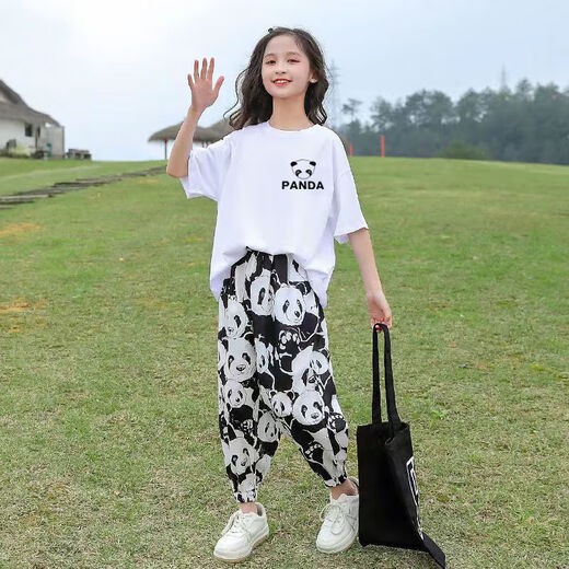 芭菲悦女童套装夏款装儿童装运动衣服中大童女孩短袖长裤夏季两件套衣服 681女熊猫套装-白 170建议身高160-170CM左右