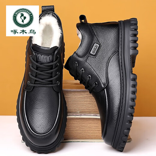 Woodpecker head-layer cowhide wool-lined high-top large cotton shoes formal leather shoes for men plus velvet casual warm middle-aged and elderly dad shoes black lace 41 (standard leather shoe size)