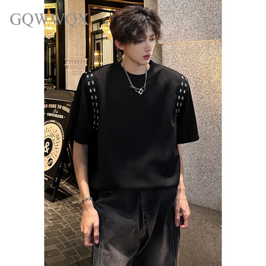 GQWWQX Handsome High-End-Schulter-Pad-T-Shirt für Männer im Sommerhaarstylisten Trendy kurzärmeliges Nischendesign Fünf-Punkte-Halbärmel CD1047 Black 2xl