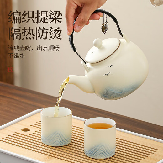 Xiangye large-capacity coarse pottery lifting kettle Kung Fu tea set tea set teapot tea cup housewarming gift souvenir Mihuang Jiangshan round lifting kettle 7-piece set + tea tray