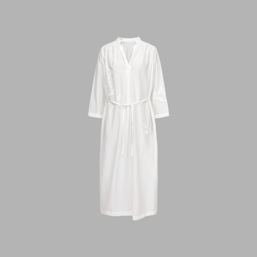 LESS summer solid color design sense flat embroidered long-sleeved dress simple white V-neck temperament dress 2O6G21760 100 white S