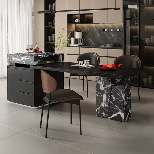 Shunmujia rock slab island dining table integrated retractable home small apartment combination Italian light luxury dining table and chairs Lawrence bar island dining table tea style + rail socket 2.0 meters tabletop