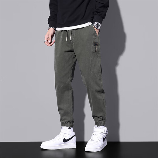 啄木鸟休闲裤男宽松束脚秋季新款哈伦潮流工装百搭运动长裤子男 9859军绿色 M