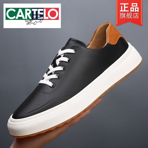 Cartelo 2025 Nuevos zapatos de cuero genuinos de verano para hombres Casco Hollow Hollow Inner Altura Inhancial Deslice sin deslizamiento SUGO SOMPLE SOLO JUVITUD White Black 9902 41 Tamaño estándar de zapatos de cuero