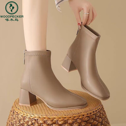 Woodpecker French soft leather short boots ankle boots thick heel Martin boots square toe plus velvet short tube 2025 new autumn and winter slim boots for women beige single lining 37