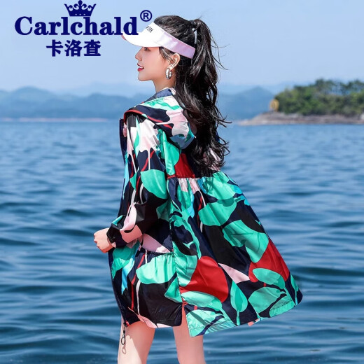 CARLCHALD luxury high-end brand sun protection clothing for women, mid-length 2024 new style, loose and wearable, foreign style print, summer ice silk flower blue L
