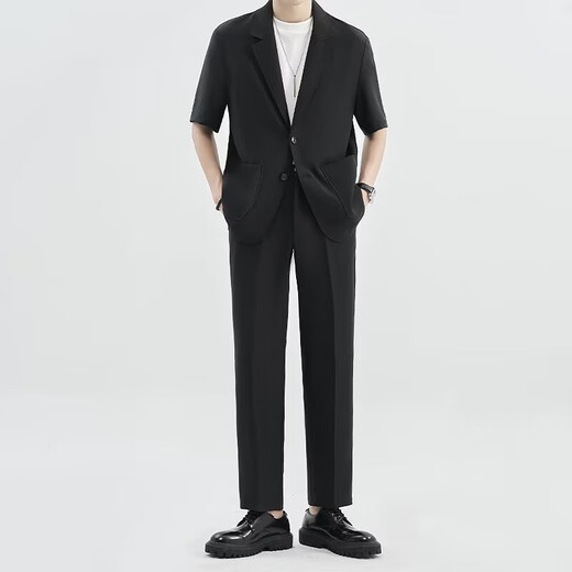 GOKU men's suit summer short-sleeved youth light business suit three-piece college student graduation interview job black short-sleeved suit + white T + black trousers L Weight 120-130 Jin Jin equals 0.5 kg