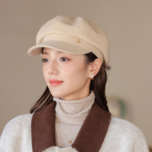 Zhenxiang Hat Women's Autumn and Winter High-end Korean Style Octagonal Hat Fashionable Peaked Hat Beret Showing Small Face and Keeping Warm Beige One Size 55-58cm