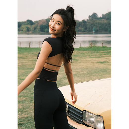 La Nikar sports short-sleeved women's summer design backless yoga top fitness wear running Pilates T-shirt-S1339 graphite black S