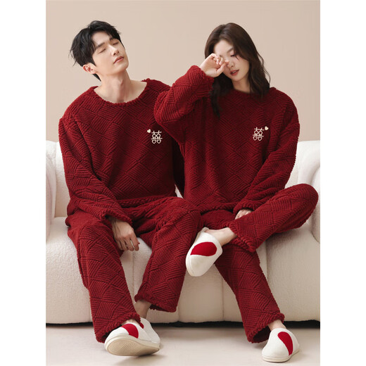Yalu Coral Velvet Burgundy Pajamas Wedding Newlywed Couple Suit One Man and One Woman Festive Wedding Birth Year Home Clothing CY9705# M Women's Style