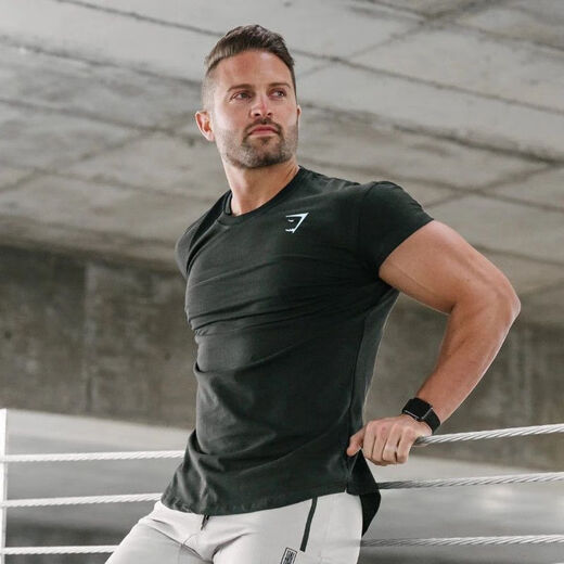 FCFV muscle lifting bodybuilding new bodybuilding shark T-shirt solid color tight elastic short-sleeved men quick-drying training suit top gray (real blue gray) M