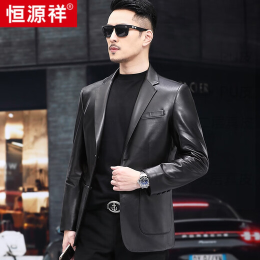 Hengyuanxiang leather suit men's Haining leather leather jacket sheepskin spring and autumn new middle-aged men's casual leather suit jacket black 175/50/XL suitable for 126Jin [Jin equals 0.5 kg]-140Jin [Jin equals 0.5 kg]