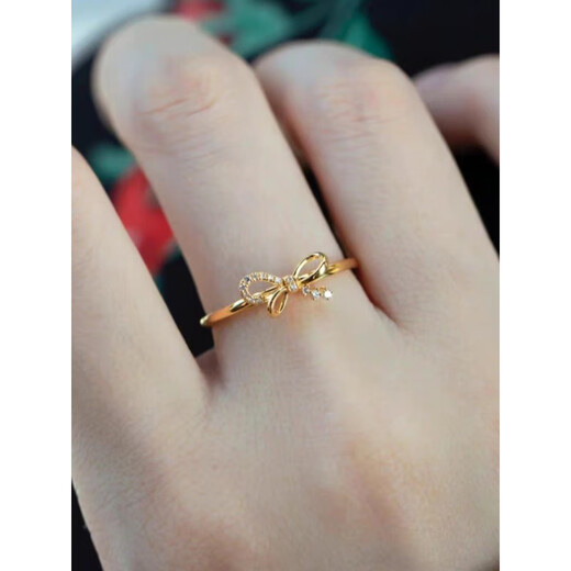 Yingtang Old Phoenix Gold Small Bow Ring 999 Pure Gold Inlaid with Diamonds Fugitive Princess Ring Female Live Mouth 18K Gold Tail Ring Diamond Ring Lao Fengxiang Same Style