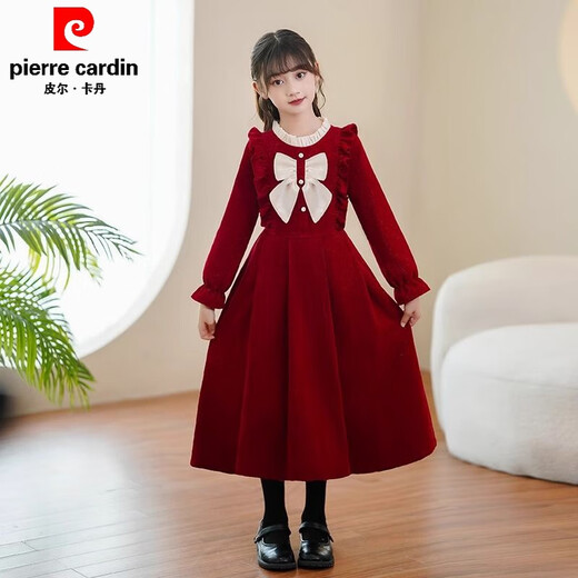 Pierre Cardin girls autumn and winter dress plus velvet red princess dress 3~14 years old children's winter dress little girl winter dress burgundy (no velvet in spring and autumn) 160