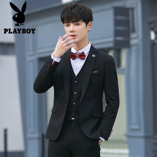 Playboy Suit Men's Casual Jacket Men's Fashion Handsome Professional Formal Wear Three-piece Slim Korean Style Suit Groom Wedding Black Three-piece Suit XL