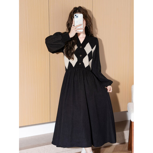 TonLion 2024 black v-neck splicing plaid dress for women retro knitted plaid skirt temperament long skirt black M