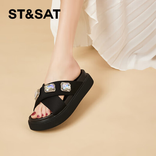 Saturday (St/Sat) mid-heel sandals for women 2024 summer new fish mouth rhinestone sandals fashionable and versatile one-slip flops for women black 35