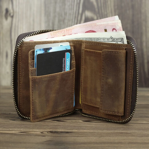 Woodpecker (TUCANO) marque tendance fait à la main en cuir véritable fermeture éclair court portefeuille porte-monnaie Crazy Horse peau de vache hommes rétro première couche cuir de vachette multifonctionnel marron foncé (style horizontal)