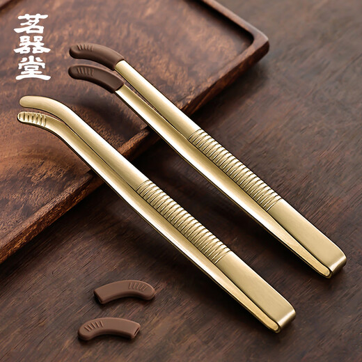 Mingqitang Brass Kung Fu Tea Tweezers Cup Washing Clips Tea Clips with Anti-Slip Silicone Tea Ceremony Six Gentlemen Tea Set Accessories Brass Striped Tea Clips + Non-Slip Silicone