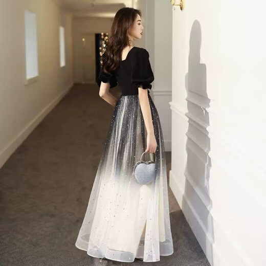 Seidler Bankett Abendkleid für Frauen 2025 Neues schwarzes langes Temperament kann am Host-Chor-Performance-Anzug schwarz L getragen werden (Empfohlen 106-115Jin [Jin gleich 0,5 kg])