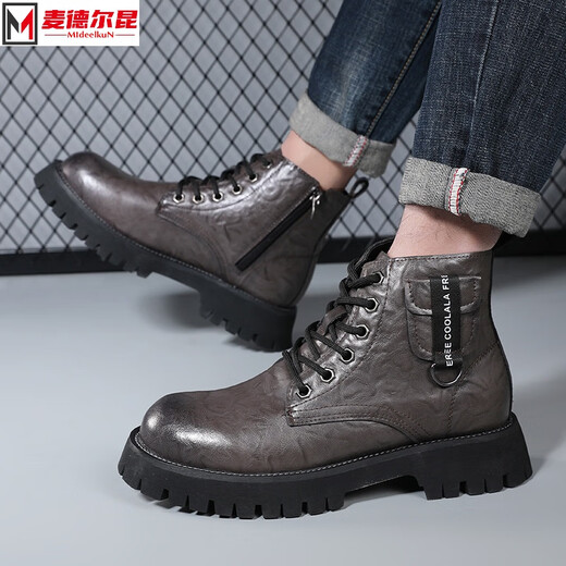 Mideelkun Martin Stiefel neue Männer mit mittlerer Mode-Top-High-Top-Lederschuhe Herrenschuhe Herbst und Winter Kurzstiefel Arbeiten Kleidung Schwarze Lederstiefel 3519 Grau 41