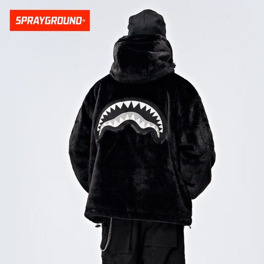 SPRAYGROUND2025 winter full-print shark mouth thickened fur coat for men and women double zipper hooded cotton coat light gray L
