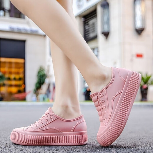 淇丝蔓时尚雨鞋女士低帮内增高防水鞋浅口耐磨厚底短筒防滑雨靴厨房胶鞋 粉色单鞋【标准码】无棉 36