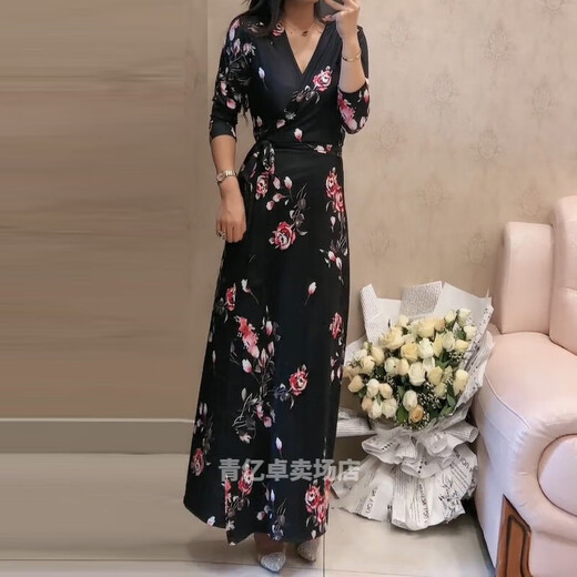 品莠气质遮肉裹身裙复古碎花显瘦2022春夏季新款黑色长款一片式连衣裙 3271 2xl