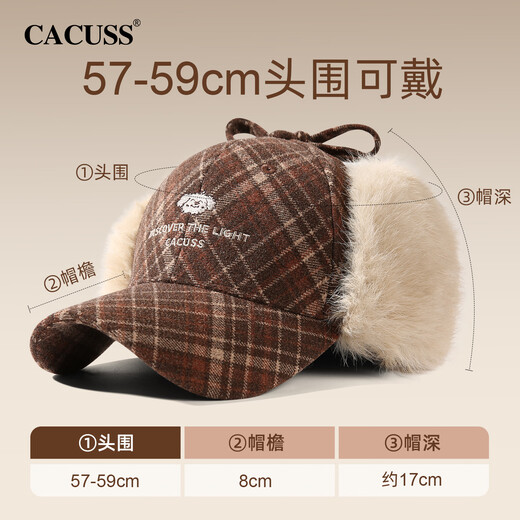 CACUSS baseball cap women's winter plaid thickened warm large head peaked cap anti-cold ear protection Lei Feng hat women
