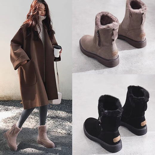 百丽踏系列品牌断码皮毛一体加绒加厚雪地靴女款2024新款冬季百搭保暖防 浅棕色 36