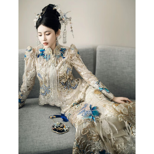 Wen Mi Golden Xiuhe Clothing Blue Heavy Industry Wedding Wedding 2024 Nuevo vestido de novia chino de novia Toast Toast Ropa Phoenix Crown y Red Winter Gold Blue 2xl