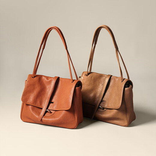 Qiu Zhen Retro 001 Messenger Bag Women's Shoulder Commuting Large Capacity Crossbody Bag Vegetable Tanned First Layer Cowhide Bag Elephant Gray-Medium