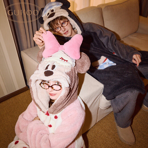 Gukoo Couple Pajamas Winter Coral Velvet Warm Disney Co-branded Raglan Sleeve Women's Home Clothes Set Men's Pajamas D Bear Black Men's Suit XL