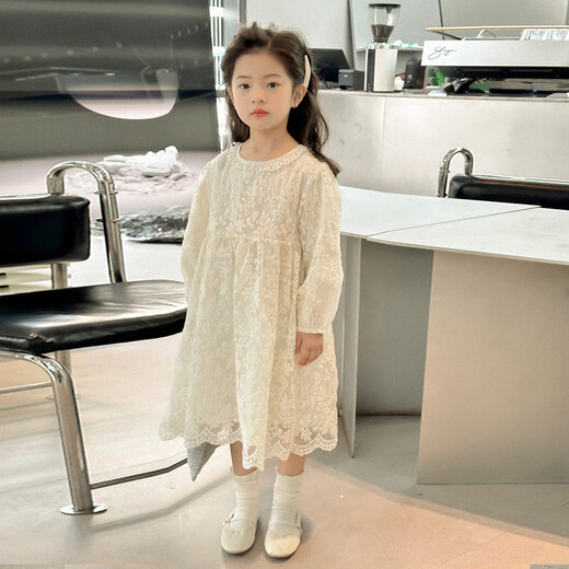 Tutu Little Elephant Girls Dress 24 Spring and Autumn Western Style Children's Fairy Dress Lace Jacquard Puff Sleeve Princess Dress Apricot 120