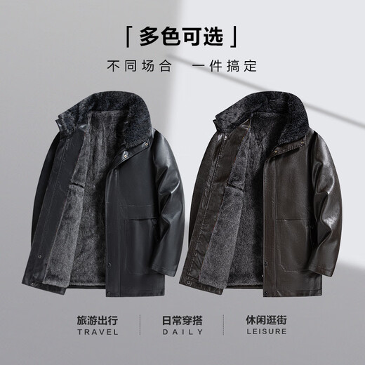 SHANSHAN Shanshan Chaqueta de cuero PU para hombre 2025 invierno cálido casual a prueba de viento e impermeable chaqueta de manga larga con cuello de piel de fácil cuidado para hombre color café 4XL /195
