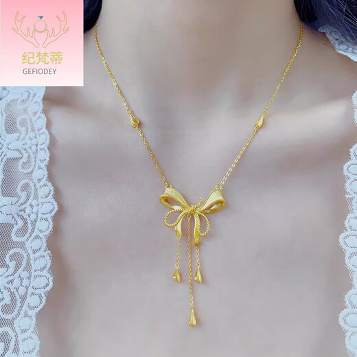 Giventi GEFIODEY new bag 18K fugitive princess necklace women's ribbon bow foot gold 999 pendant gold tassel collarbone ribbon bow necklace