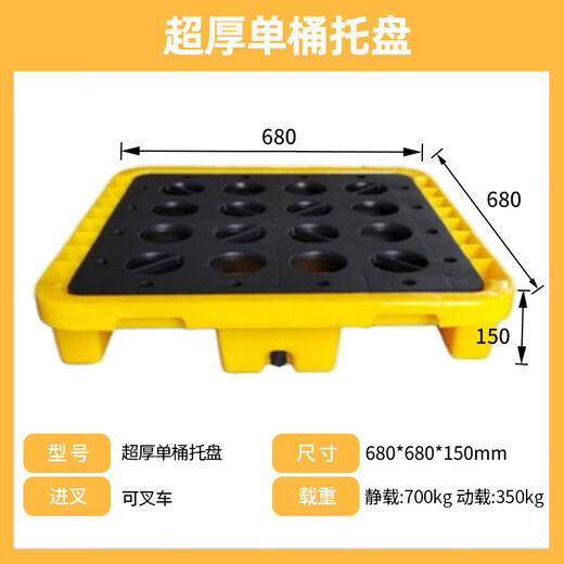 新诺达防渗漏托盘防泄漏盛漏平台塑料危废泄露化学品二次容器油桶接油盘 单桶 670*670*150mm