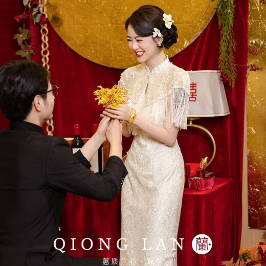 Libaixin high-end champagne color engagement cheongsam 2025 new national style certificate dress bride wedding toast suit autumn champagne color M recommended 90-100Jin Jin equals 0.5 kg