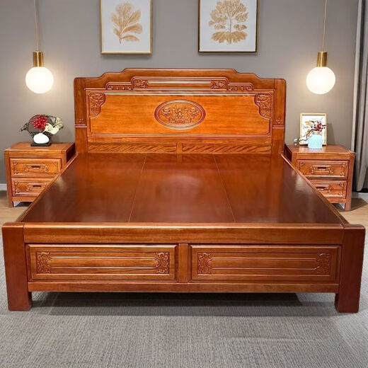 Millennium Shengshi Solid Wood Bed Golden Rosewood Antique Double Bed Chinese Carved Large Bed Classical Bedroom Furniture Rosewood Solid Wood Bed 1.8*2.0m Full Mortise and Tenon Style