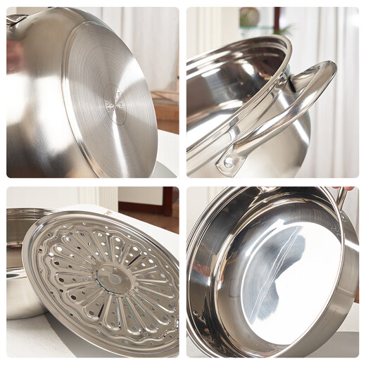 Steaming Shangmei steamer stainless steel soup pot steamer thickened double bottom steamer bamboo gas induction cooker universal pot household 30cm soup pot + wooden steamer 2 cages 1 lid 28cm