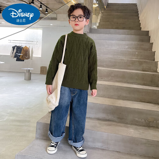 迪士尼儿童羊毛衫男童毛衣秋冬款宝宝时尚毛线衣纯色长袖套头加厚针织打 米白色 150cm