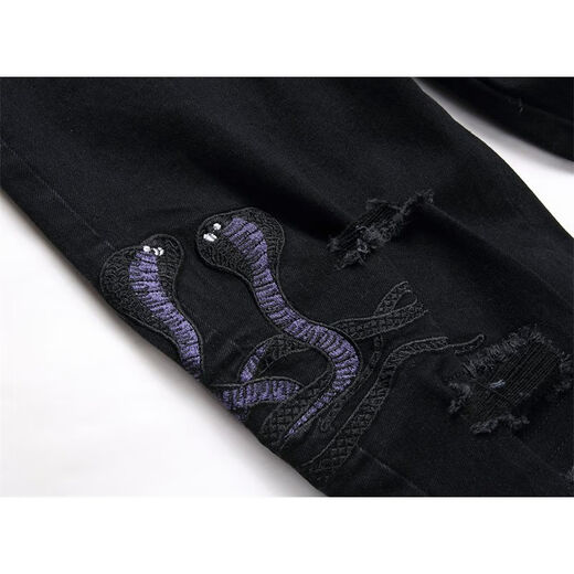 Moring Bull New High Street AM Trendy Jeans Herren zerrissener Cobra Sticker Leder Patch Elastizität Slim Black Black 3523 29