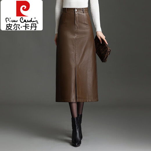 Pierre Cardin 2025 new slit leather skirt hip-covering skirt for women autumn and winter high-waisted slim skirt mid-length temperament one-step skirt brown skirt length 80-82CM 3XL 31/2 feet 4