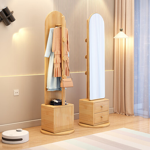 
Yuemingting solid wood multi-functional coat rack floor-standing full-body mirror storage dressing mirror movable rotatable fitting mirror combination walnut color