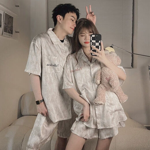 Clolv kissCK summer light luxury couple pajamas ice silk one male and one female student dormitory home clothes suit short-sleeved shorts CX418# gray letters high quality female M + male L 2 sets in total