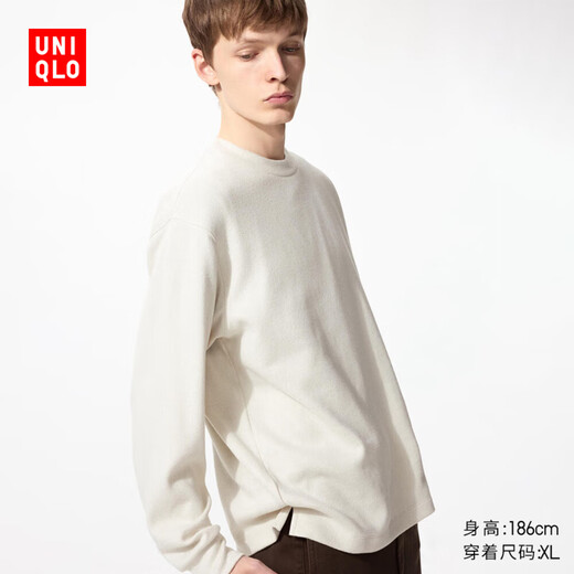 Uniqlo men's soft knitted polar fleece round neck pullover/long-sleeved T-shirt 25 autumn and winter new style 479791 01 milky white L /175/100A