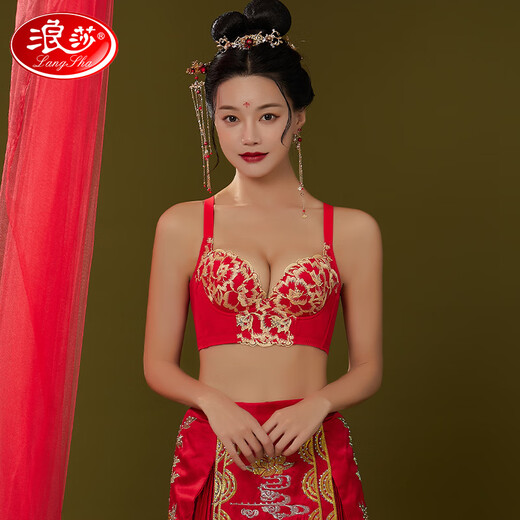 Langsha Underwear Women's Zodiac Year Big Red Bra Set Without Wires Gathered Four Seasons Sexy Lace Lucky Gift Box Blossoms and Wealth 6-piece Gift Box 80B Thin Top and Thick Bottom
